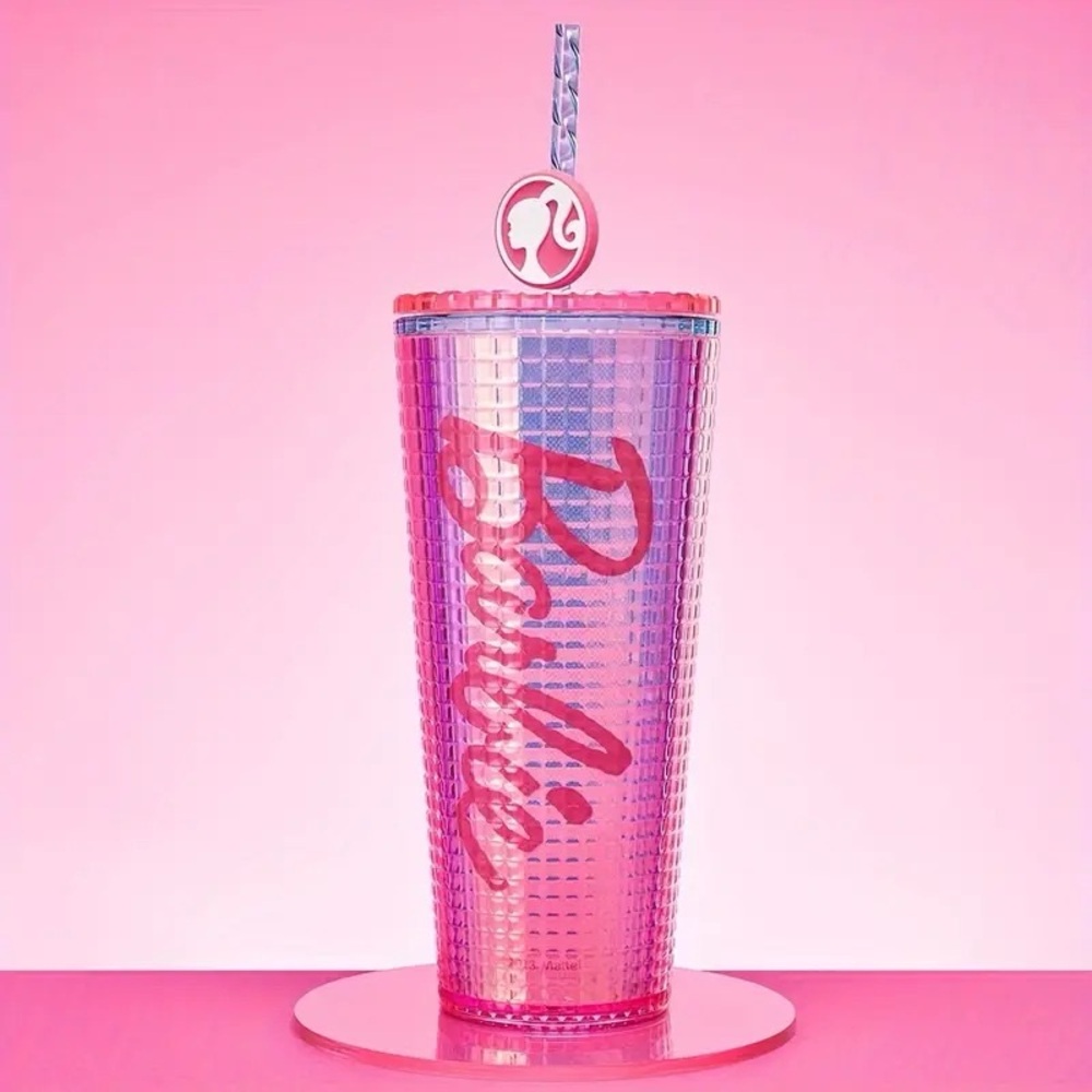 Barbie Sparkle Iridescent Double-Wall Sparkle Tumbler with Straw, 26.21 oz, Pink